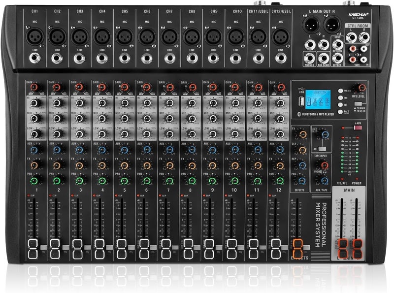 Kaschun Professional Audio Mixer, 12 Channel Mixer Sound Board Mixer DJ Mixing, Equipped With 48v Phantom Power USB Bluetooth MP3 Player, Studio Audio Mixer for DJ Studio Streaming Recording - Image 1